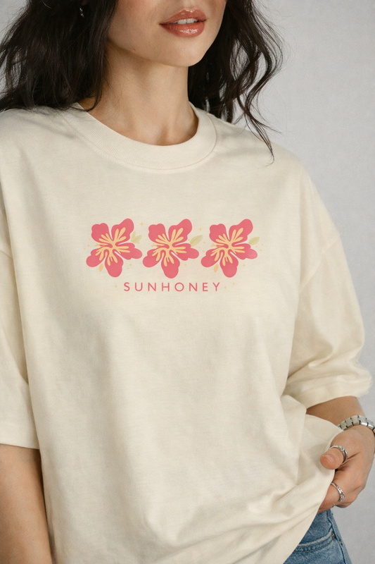 Sunhoney Floral Tee — Pink Hibiscus Graphic T-Shirt